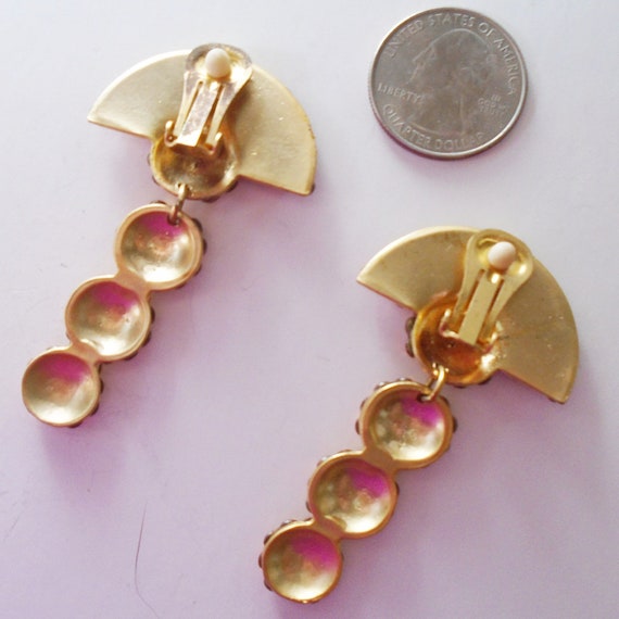 Gold Crystal Ball Dangle Clip Earrings, Rhineston… - image 3