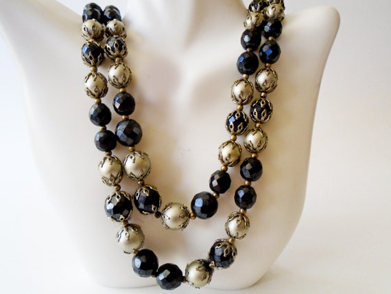 Vintage Black and Silver Two Strand Necklace, Qua… - image 1