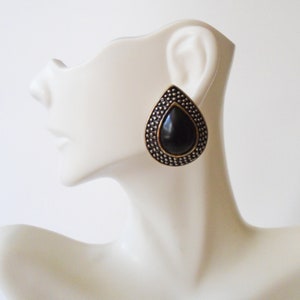 Black Enamel Gold Teardrop Earrings, Gold 80&#39;s Black Enamel Clip Earrings, Vintage Black Guilloche Enamel Gold Earrings