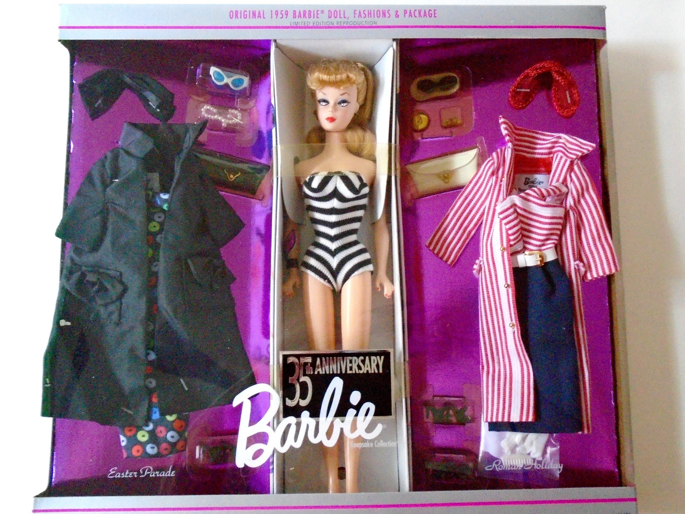 1959 Barbie Reproduction 35th Anniversary NRFB Blond 35th Anniversary Barbie Easter Parade and Roman Holiday Mattel 1959 Barbie Doll Set Etsy UK