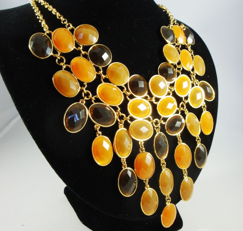 Vintage Orange Amber Brown Bib Necklace Glass Jewel Bib Necklace Jeweled Statement Bib Necklace Joan Rivers Glass Jewel Bib Necklace