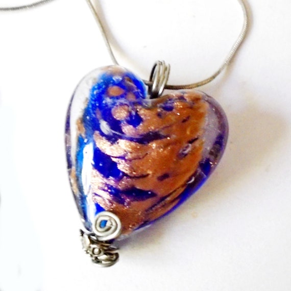 Vintage Blue Glass Heart Necklace, Silver Glass H… - image 1