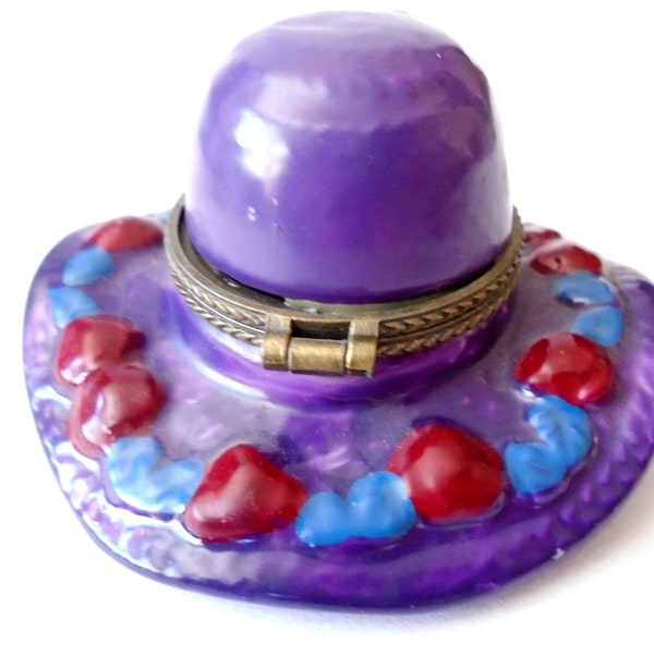 Vintage Purple Hat Hinged Trinket Box, Vintage Hat Porcelain Collectible Box, Purple Ladies Hat Limoges Style Trinket Box