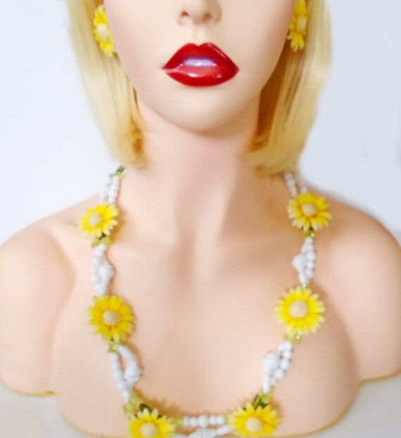 Yellow Flower Necklace and Clip Earrings, German P