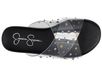 JESSICA SIMPSON Womens Black Clear Lucite Straps Jewel Embellished Studded Tislie Round Toe Slip On Slide Sandals Shoes 7M in Box