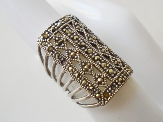 Rectangle 925 Silver Marcasite Ring, Signed 925 S… - image 5