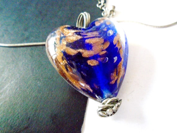 Vintage Blue Glass Heart Necklace, Silver Glass H… - image 4