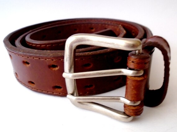 Double Hole Brass Buckle Brown Leather 
