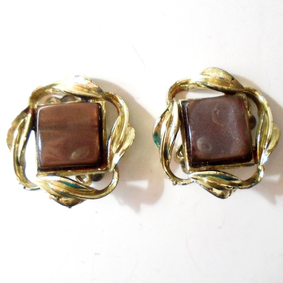 CORO Brown Moonstone Gold Clip Earrings, 1950's C… - image 2