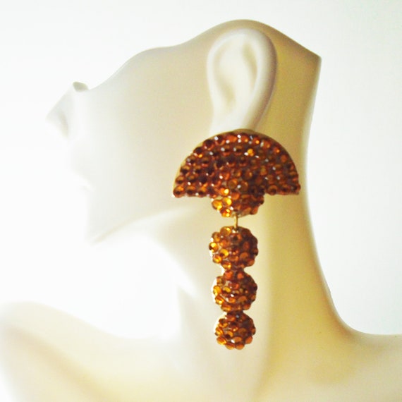 Gold Crystal Ball Dangle Clip Earrings, Rhineston… - image 4