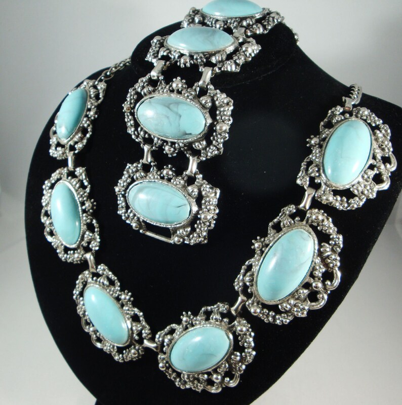 Chunky Blue Panel Bracelet and Necklace Set Selini Style Silver Panel Bracelet and Necklace Blue Lucite Panel Necklace and Bracelet Set
