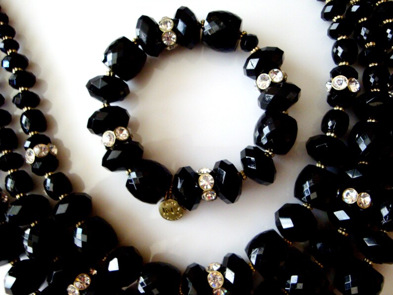Jones New York Black Necklace Bracelet Earrings Set Black Faceted Bead and Rhinestone JNY Statement Necklace Bracelet and Dangle Earrings