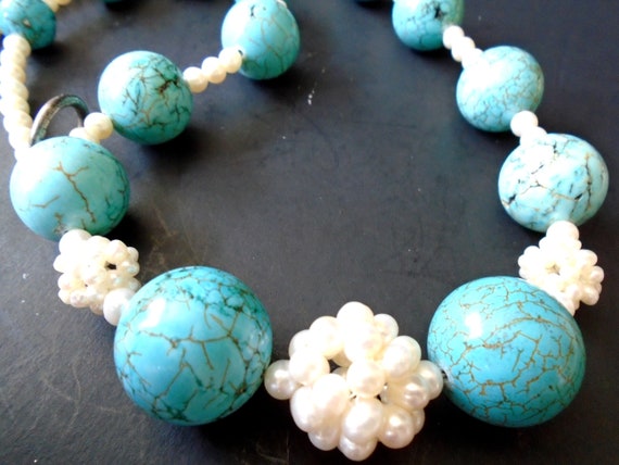 Vintage Turquoise Bead Pearl Necklace, Vintage Tu… - image 4