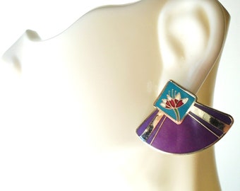 LAUREL BURCH Water Lily Cloisonne Earrings, Vintage Purple Water Lily, Vintage Laurel Burch Water Lily Enamel Pierced Earrings