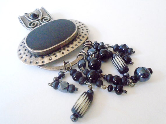 Vintage Black Enamel + Bead CHICO's Silver Pendan… - image 4
