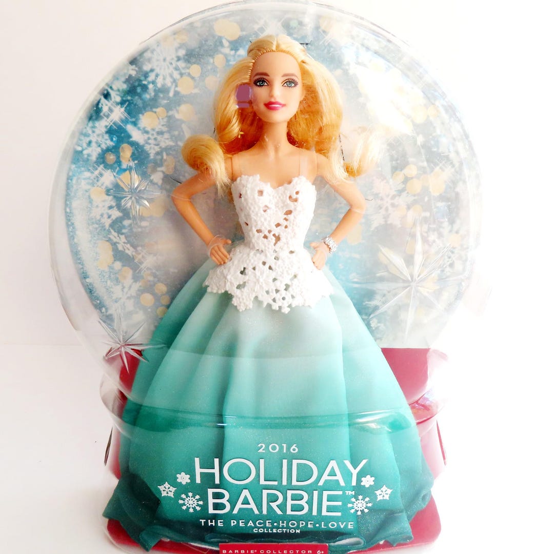 Holiday Snow Globe Barbie Doll, Christmas Snowflake Blond Barbie Doll NRFB,  2016 Blond Snow Globe Barbie Doll, Peace Love Joy Barbie