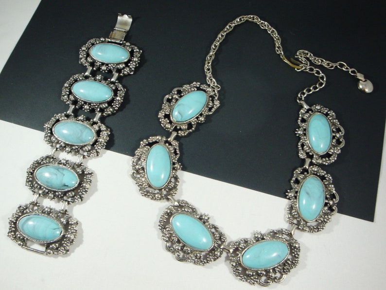 Chunky Blue Panel Bracelet and Necklace Set Selini Style Silver Panel Bracelet and Necklace Blue Lucite Panel Necklace and Bracelet Set