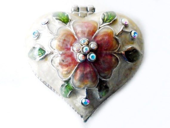 Monet Guilloche Enamel Pink Flower Heart Trinket … - image 3