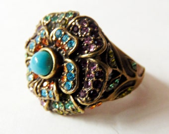 HEIDI DAUS Turquoise Crystal Flower Ring SZ 10, Glamorous Flower Heidi Daus Ring, Retired Designer Pave Crystal Flower Ring