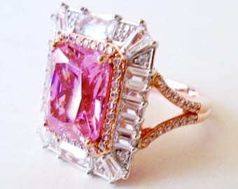 Pink Emerald Cut CZ Plated 925 Silver Ring, Pink Center 925 Rose GP Vanna K Ring SZ 10 1/4, Pink 925 Silver Rose Gold Plated Ring
