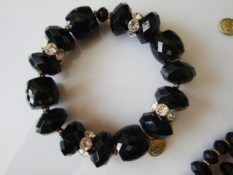 Jones New York Black Necklace Bracelet Earrings Set Black Faceted Bead and Rhinestone JNY Statement Necklace Bracelet and Dangle Earrings