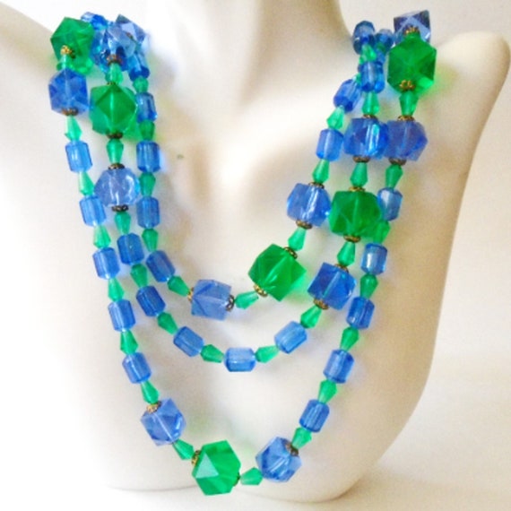 Vintage Long Lucite Purple Blue and Green Bead Nec