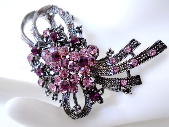 Purple and Pink Rhinestone Bouquet Silver Brooch,… - image 6