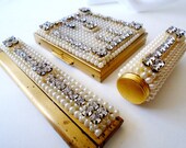 Vintage Wiesner Pearl Rhinestone Compact Lipstick and Folding Comb in Original Box, 50s Wiesner of Miami Trickettes Set, 50 39 s Gift for Her