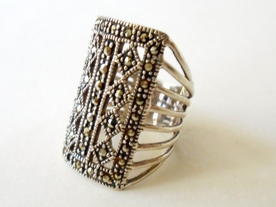 Rectangle 925 Silver Marcasite Ring, Signed 925 S… - image 7