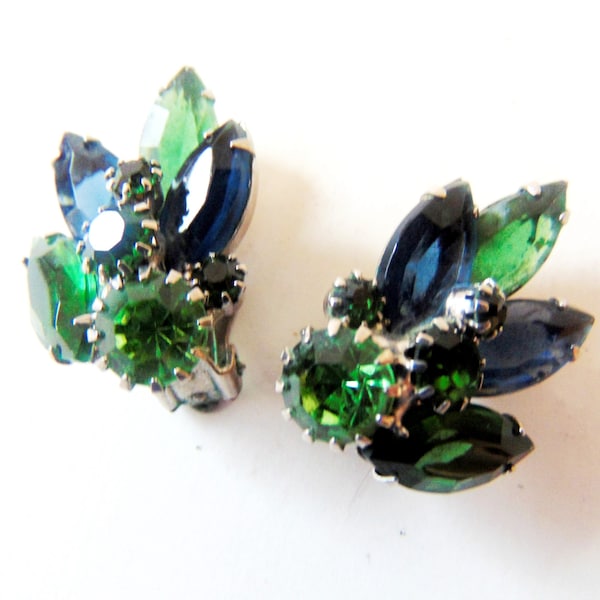 WEISS Green + Blue Rhinestone Clip Earrings, Open Back Vintage Floral Rhinestone Earrings, Blue and Green Navette  + Brilliant Clip Earrings