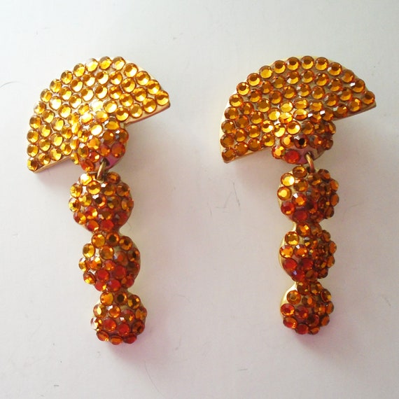 Gold Crystal Ball Dangle Clip Earrings, Rhineston… - image 2