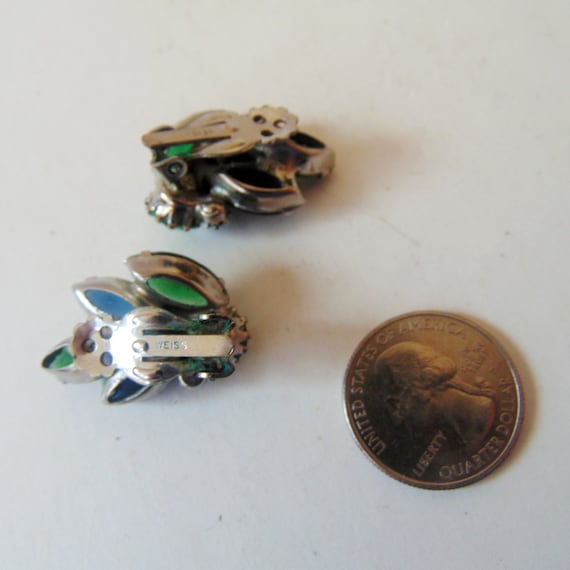 WEISS Green + Blue Rhinestone Clip Earrings, Open… - image 4