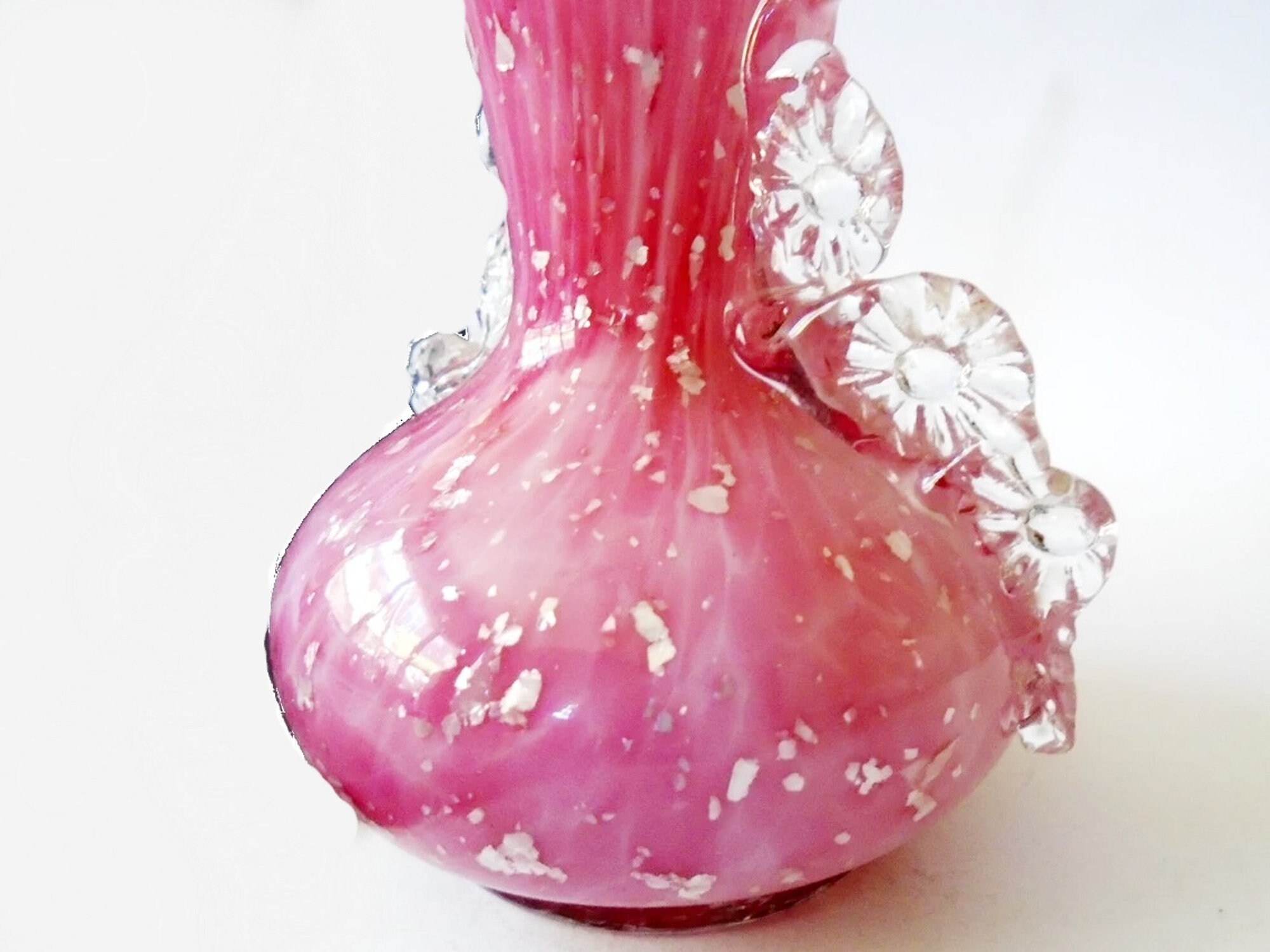Vintage Murrhina Encased Glitter Glass Vase, Ornate Pink Swirl Encased