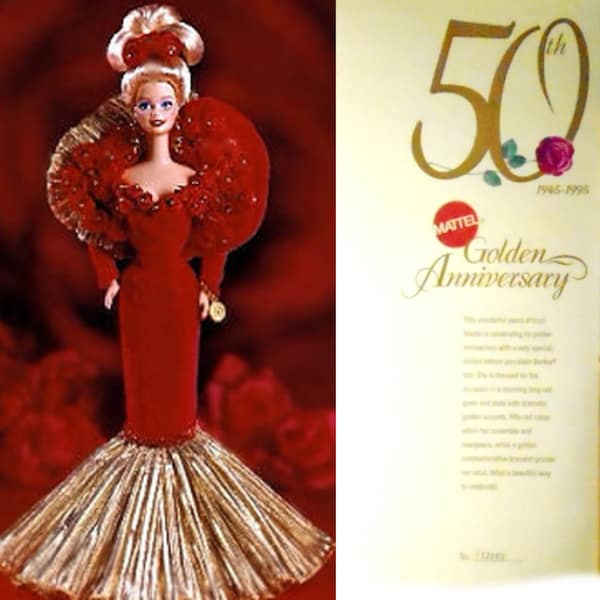 Mattel 50th Anniversary Barbie, 50th Golden Anniversary 1945-1995 Porcelain, Limited Edition Barbie No 12163, New in Box Barbie Doll