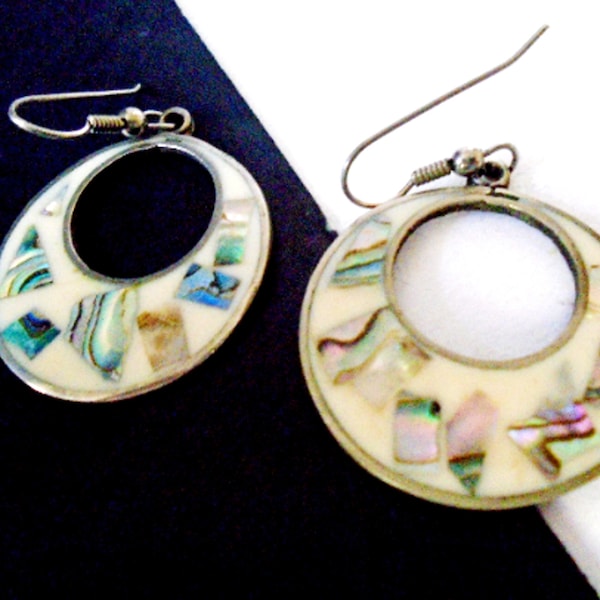 Vintage Mexican Silver Abalone Earrings, Silver Vintage Abalone Inset Enamel Hoop Earrings, Mexican Silver Hoop Earrings
