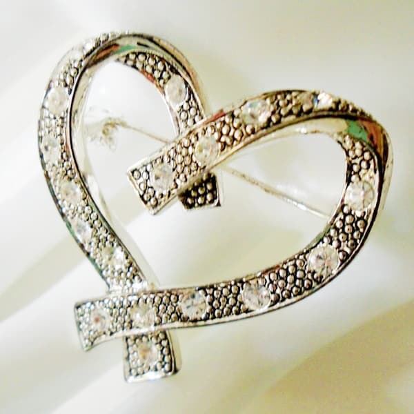 ANNE KLEIN Heart Brooch, Anne Klein Rhinestone Heart Pin, Vintage Heart Pin