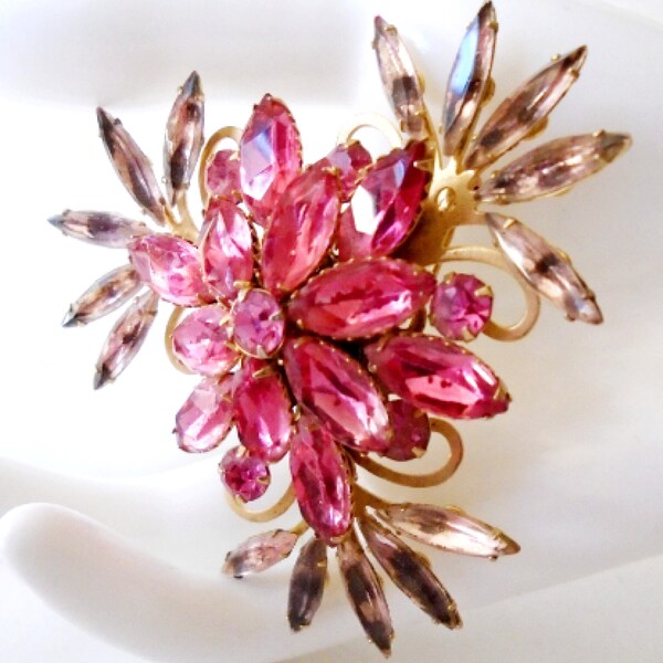 JUDY LEE 50's Pink Floral Rhinestone Brooch, Pink Marquis and Clear Navette Cut Pink Flower Brooch, Judy Lee Vintage Brooch