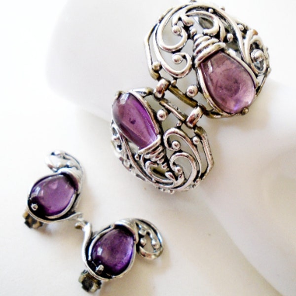 SELRO SELINI Purple Panel Bracelet and Earrings, Silver Scroll Purple Foil Bracelet and Clip Earrings, Selini Silver Bracelet+ Earrings