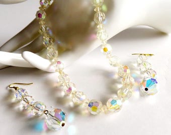 Aurora Borealis Crystal Choker & Dangle Earrings: 1950s AB Glass Bead Jewelry