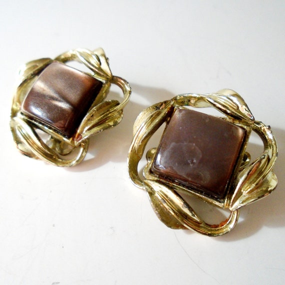 CORO Brown Moonstone Gold Clip Earrings, 1950's C… - image 4