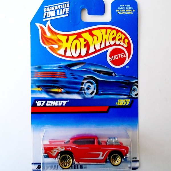 Hot Wheels Collector Car NO 1077 Blue Card, 1957 Chevy Hot Rod 1:64 Scale, Vintage Die Cast Red 57 Chevy Malaysia Car Hot Wheels