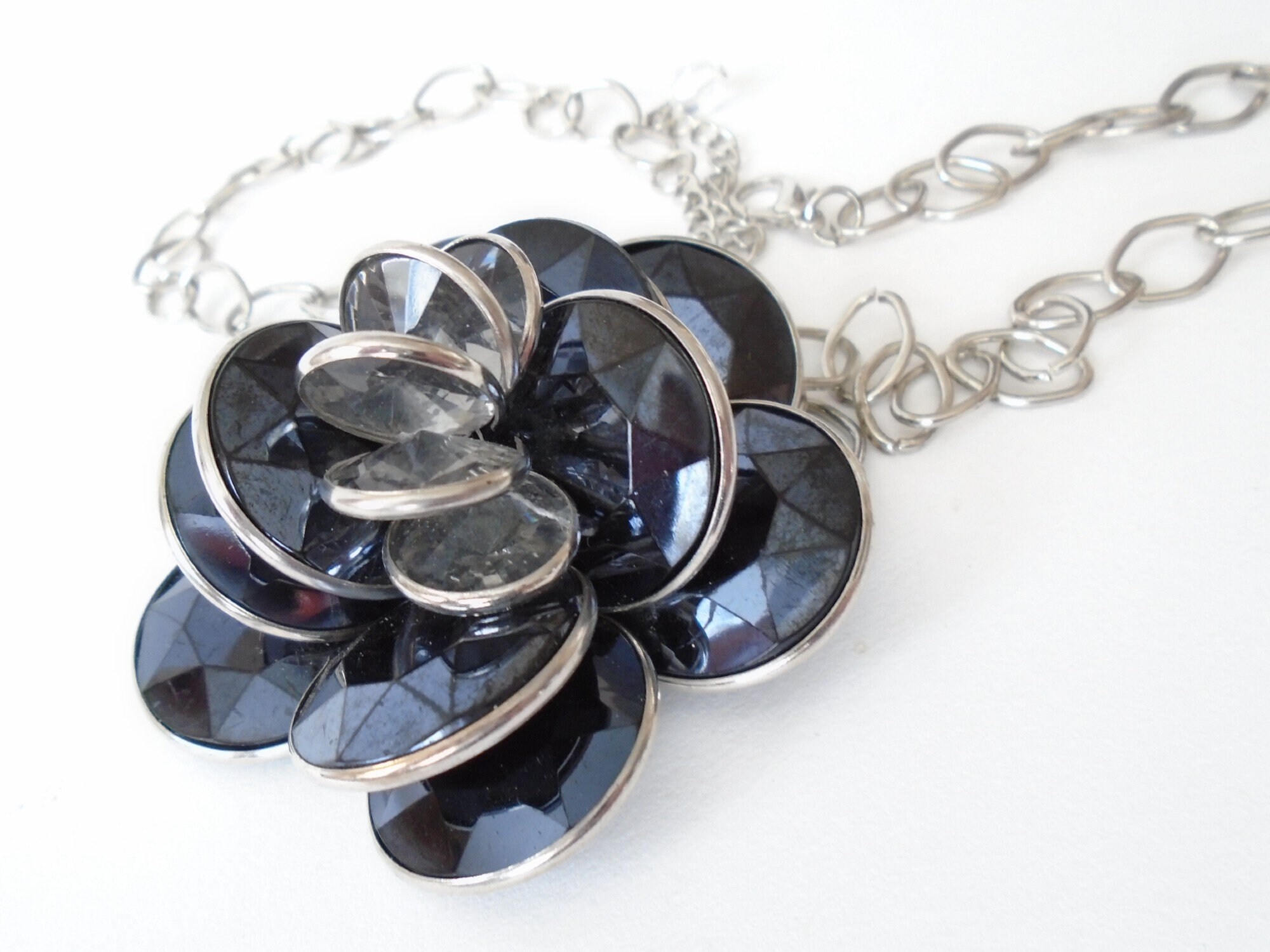 Silver Chain Black Flower Pendant Necklace, Big Black Lucite