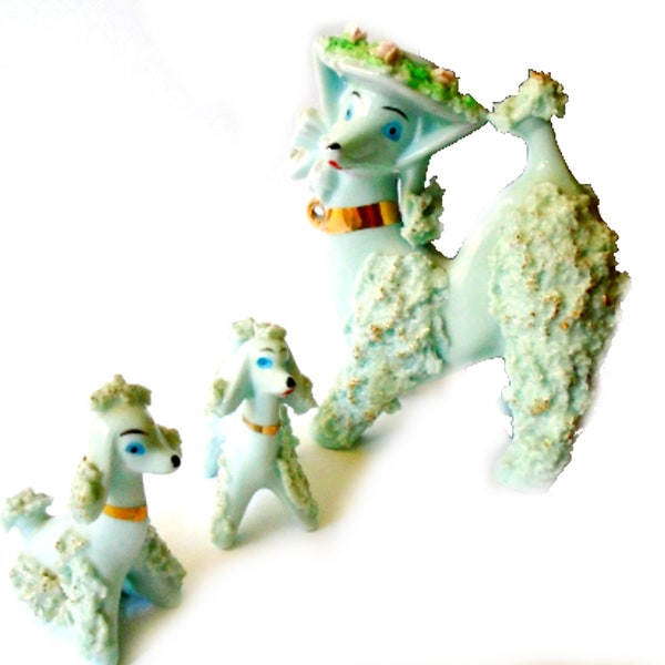 LEFTON Fancy French Spaghetti Poodles, Lefton Porcelain Poodle Family Made in Japan, 50s French Poodle Family Figurines