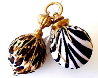 Velvet Animal Print 1990s Gold Ornaments, Zebra and Leopard Handmade Christmas Ornaments, African Animal Print 6 Inch Ornaments