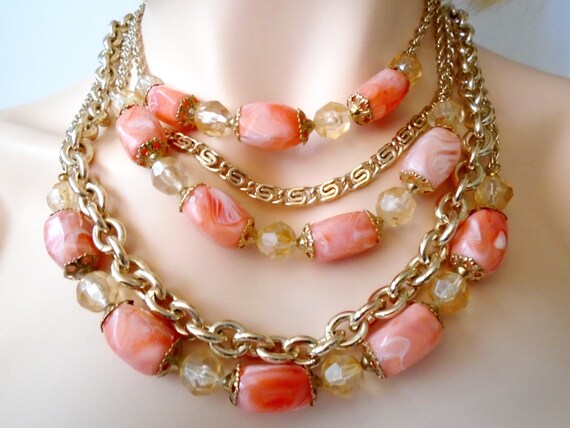 CORO 5 Strand Pink Necklace, Vintage Gold Chain N… - image 5