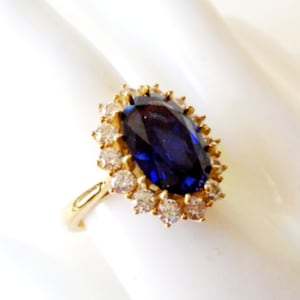 Blue Sapphire Oval CZ Gold Plate 925 Ring, Fancy Blue CZ Gold Ring Size 10, Vintage GP 925 Indonesia Silver Sapphire Ring