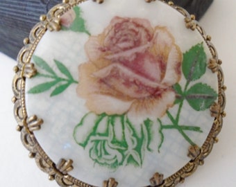 SALE | Vintage Antique Rose Floral Brooch, Victorian Glass Pink Rose Brooch, Pink Rose Floral Victorian Brooch, Rose Flower Antiqued Pin