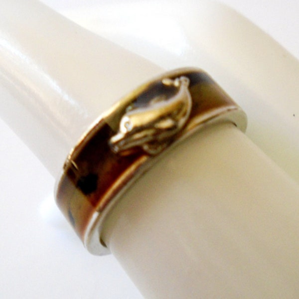 Vintage Silver Tone Dolphin Ring Band, Vintage Silver Enamel Dolphin Ring Size 8, Vintage Dolphin Ring