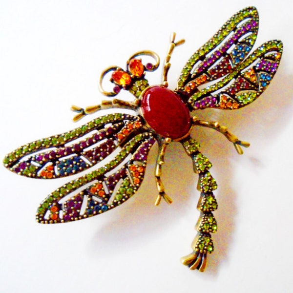 HEIDI DAUS Trembling Brilliance Crystal Dragonfly Pin, Large Trembling Dragonfly Brooch, Retired Heidi Daus Carnelian Dragonfly