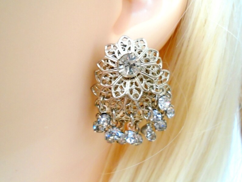 1960/'s Silver Tone Rhinestone Cha Cha Clip Earrings Layered Rhinestone Dangle Earrings Triple Flower Rhinestone Clip Earrings